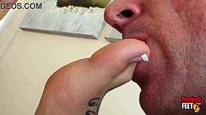 Allison Tyler's bare feet get licked and covered in cum