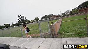 Petite brunette Shroms Blooms rides on the bus.