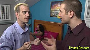 Transsexual prostitute engages in group anal assfucking with multiple partners, receiving cumshots all over her body in a fetish session