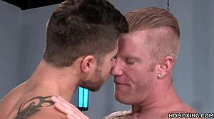 Athletic gay men with tattoos banging hard with monster cocks