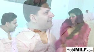 Busty brunette in pink lingerie seduces him, but her stockings drive him wild.