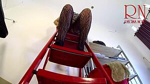 Cleaner maid tidies office without panties.