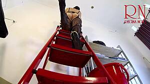 Cleaner maid tidies office without panties.