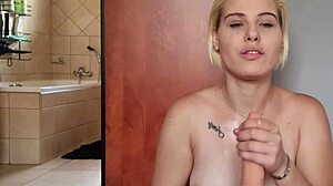 Hot blonde gives jerk off instructions with toys and dildo.