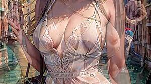 An AI-generated blonde woman in Venice shows off under her skirt.