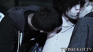 Three emo twinks kiss before intense anal group pounding