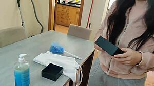 Maid with glasses using a butt plug and remote vibrator gets internal cumshot