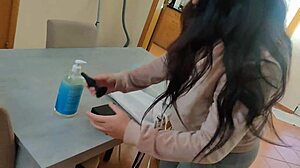 Maid with glasses using a butt plug and remote vibrator gets internal cumshot