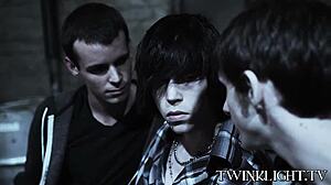 Three emo twinks kiss before intense anal group pounding