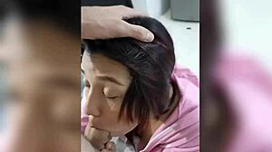 New York babe with big tits blows huge cock for fans