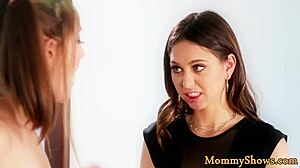 I watch as the glam stepdaughters passionately lick each other's shaved pussies in this lesbian scene.