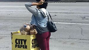 Single black woman feels relief catching the bus after shopping