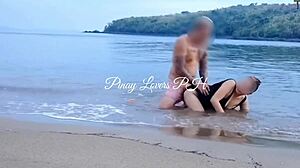 asian young amateurs dive into muff and ride in public beach sex.