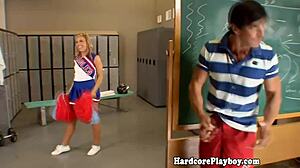 Flexible cheerleader performs oral and sex