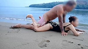 asian young amateurs dive into muff and ride in public beach sex.