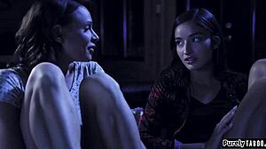 Mysterious hermit watches his girlfriend's blonde shaved pussy licked in lesbian oral voyeur scene.