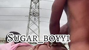 Ebony couple sneaks rooftop blowjob and doggystyle orgasm