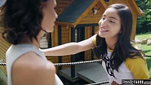 Mysterious hermit watches his girlfriend's blonde shaved pussy licked in lesbian oral voyeur scene.