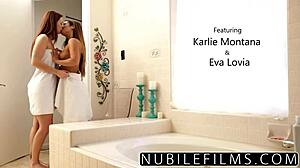 Eva Lovia seduces her lesbian partner with fingering and muff diving in the shower, leading to intense orgasms