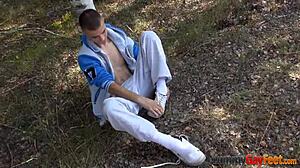gay twink jacking off outdoors and cumming on feet 😍