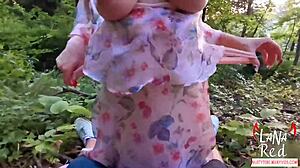 The busty bitch gives an outdoor blowjob to a big dick and swallows cum