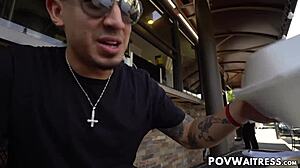 Damn! Curvy waitress Keilani Kita drilled by lucky customer!