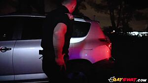 Two gay cops suck and ride big black cock outdoors