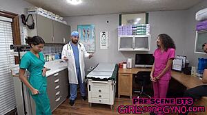 Doctor spreads natural tits during gyno exam procedure