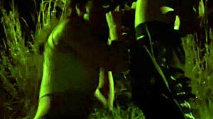 blowjob and mutual masturbation in the field with people watching