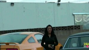 Dark-haired milf teases with big tits before riding on couch