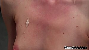 Nasty stunner receives facial bukkake and eats jizz in extreme blowbang