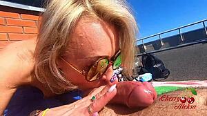 Blonde Deepthroats Big Cock Then Gets Anal On Roof!