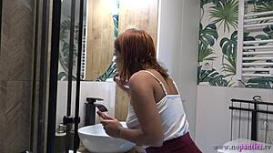 hot sexy tight pussy redhead girlfriend in the bathroom no panties flashes in a miniskirt voyeur homemade