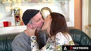 Teen brunette Ellen Betsy takes fuck from old pervert guru, deepthroat and facial included.