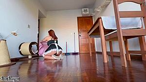 Beautiful redhead teen gets job as cleaner and shows off her cute ass