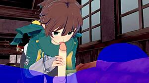 Konosuba yaoi features Kazuma getting a blowjob with cum in his mouth in this Japanese anime game.