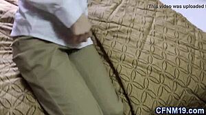 cfnm teen 18+ gives blowjob and handjob to monster cock