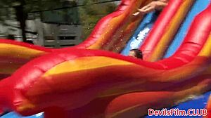 Outdoor gangbang with lesbians toying tight pussy and ass in wild frenzy