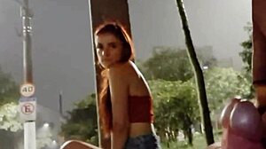 Brunette risks public masturbation at bus stop