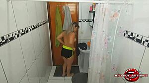 Blonde Melody Antunes gets steamy with friend in raw bathroom action without protection