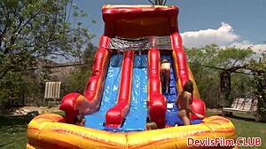 Outdoor gangbang with lesbians toying tight pussy and ass in wild frenzy