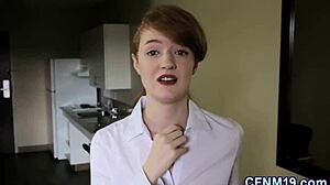 cfnm teen 18+ gives blowjob and handjob to monster cock