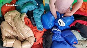 Masturbating with cum on nylon jackets in pool.