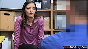 young teen shoplifter gets caught by hung cop and sucks his monster cock in the store