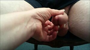 milf gives double handjob leading to cum on chair