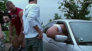cum splattered on girl's face through car window in wild public gang bang orgy