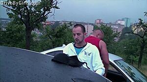 Girl Sticks Pussy Through Car Window for Public Gangbang