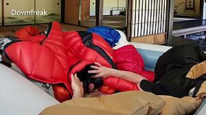 Masturbating with cum on nylon jackets in pool.