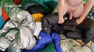 Masturbating with cum on nylon jackets in pool.