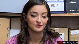 young teen shoplifter gets caught by hung cop and sucks his monster cock in the store